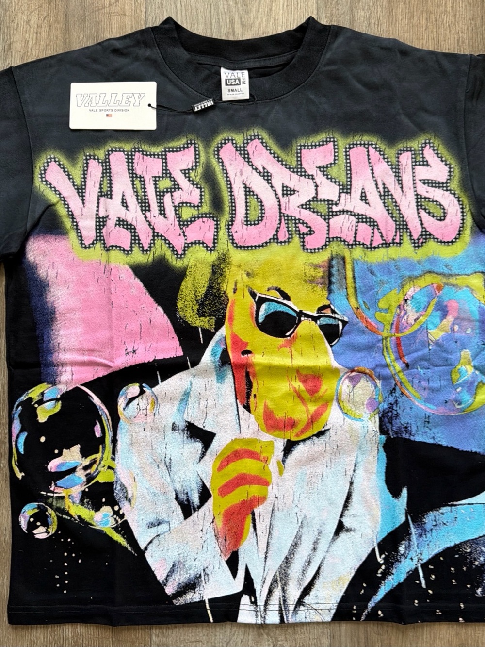 Valley Dreams Black Graphic Tee with Pink, Yellow & Blue